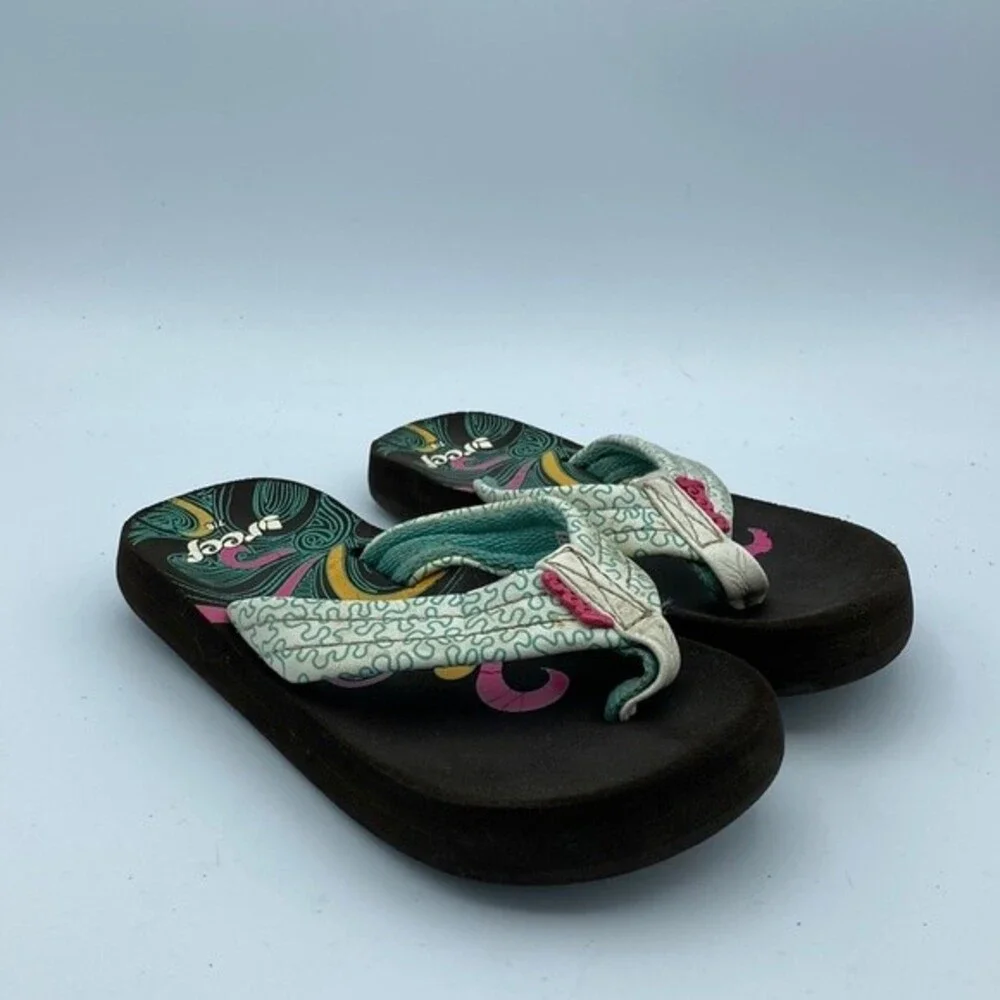 Reef kids 7/8 Sandals Flip Flop Thong Teal Pink Slip On Black Soles